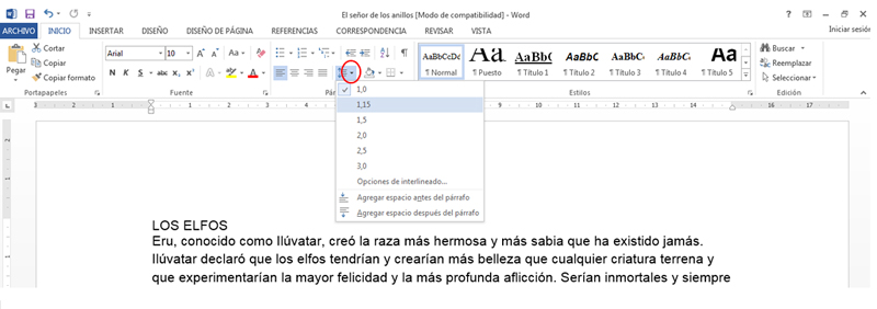 Texto con el espacio entre líneas marcado en rojo