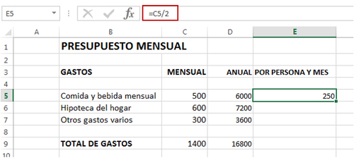 División en hoja de Excel