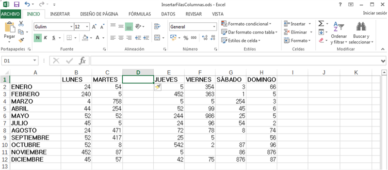 Hoja de Excel con una columna insertada