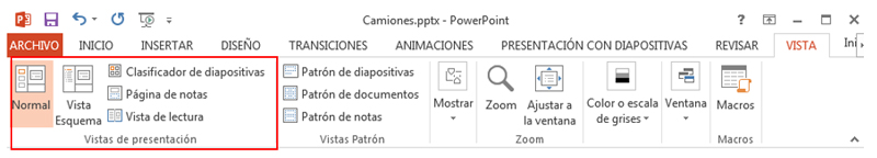 Pestaña Vista en la cinta de opciones