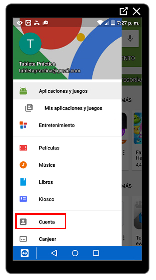 Opción Cuenta en Google Play